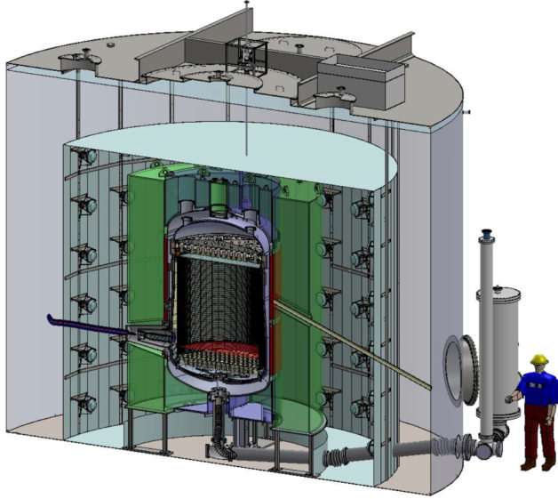 Rendering - A cutaway rendering of the LUX-ZEPLIN (LZ) detector that will be installed nearly a mile deep to search for dark matter. An array of detectors, known as photomultiplier tubes, at the top and bottom of the liquid xenon tank are designed to pick up particle signals. (Credit: Matt Hoff/Berkeley Lab)