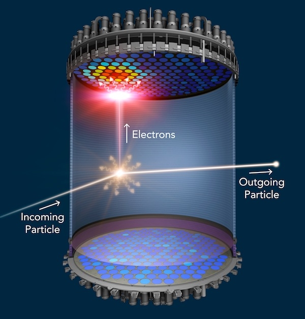 Image - When a theorized dark matter particle known as a WIMP collides with a xenon atom, the xenon atom emits a flash of light (gold) and electrons. The flash of light is detected at the top and bottom of the liquid xenon chamber. An electric field pushes the electrons to the top of the chamber, where they generate a second flash of light (red). (Credit: SLAC National Accelerator Laboratory)