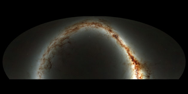 Image - A compressed view of the entire sky visible from Hawaii by the Pan-STARRS1 Observatory. The image is a compilation of half a million exposures, each about 45 seconds in length, taken over a period of four years. The disk of the Milky Way looks like a yellow arc, and the dust lanes show up as reddish-brown filaments. The background is made up of billions of faint stars and galaxies. (Credit: D. Farrow/Pan-STARRS1 Science Consortium, and Max Planck Institute for Extraterrestrial Physics)