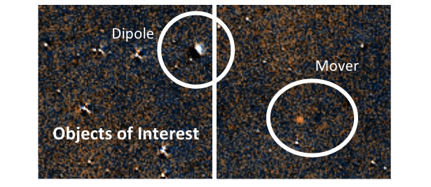 Image - Citizen scientists are asked to identify dipoles, which are black-and-white objects that seem to flip flop from frame to frame, and "movers," which are objects that appear to move in a line, changing position in each frame. This animation shows sample frames for both examples of objects of interest. (Credit: www.backyardworlds.org) 