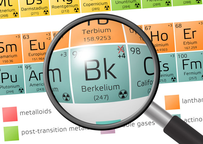Graphic of periodic table with a magnifying glass enlarging Berkelium