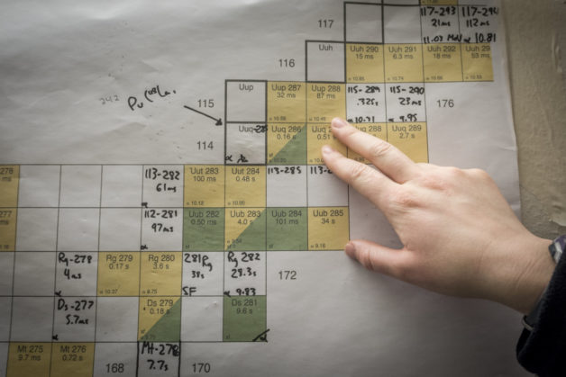 Photo - Jackie Gates, a Berkeley Lab staff scientist, points to a branching region of the periodic table that is populated by isotopes of superheavy elements. (Credit: Marilyn Chung/Berkeley Lab)