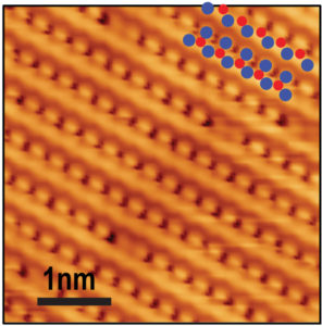 Image - A scanning tunneling microscopy image of a 2-D material created and studied at Berkeley Lab's Advanced Light Source (orange, background). In the upper right corner, the blue dots represent the layout of tungsten atoms and the red dots represent tellurium atoms. (Credit: Berkeley Lab)