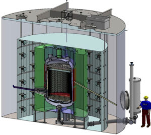 Photo - This image shows a cutaway rendering of the LUX-ZEPLIN (LZ) detector that will search for dark matter nearly a mile below ground. An array of detectors, known as photomultiplier tubes, at the top and bottom of the liquid xenon tank are designed to pick up particle signals. (Credit: Matt Hoff/Berkeley Lab)