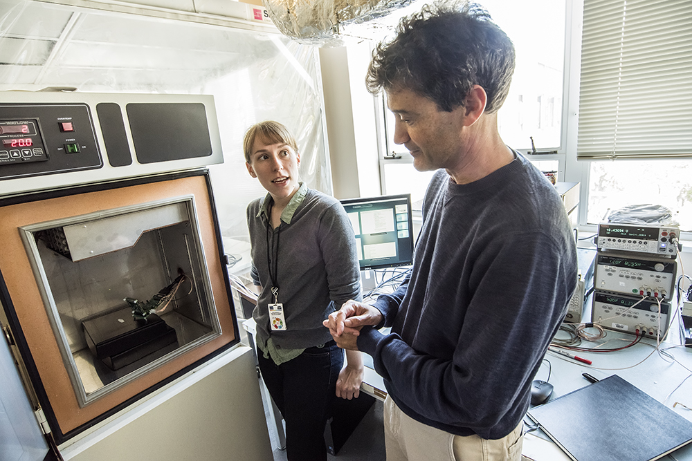 Photo - Katie Dunne, left and mentor Maurice Garcia-Sciveres. (Credit: Marilyn Chung/Berkeley Lab)