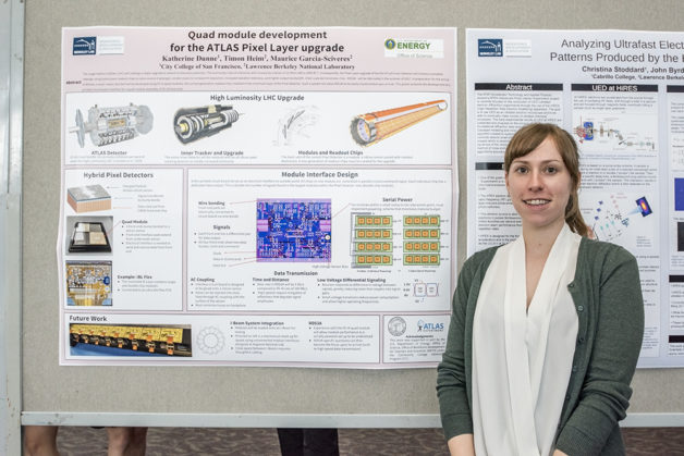 Photo - Katie Dunne delivers a poster presentation in spring 2017. (Credit: Marilyn Chung/Berkeley Lab)