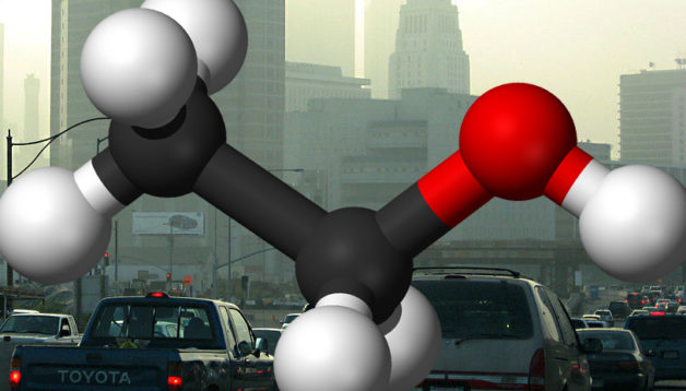 Image - Scientists are seeking ways to reduce environmentally harmful levels of carbon dioxide from vehicle emissions and other sources by improving chemical processes that convert carbon dioxide gas into ethanol (molecular structure shown here) for use in liquid fuels, for example. X-ray experiments at Berkeley Lab have helped to show what's at work in the early stages of chemical reactions that convert carbon dioxide and water into ethanol. (Credit: Wikimedia Commons)