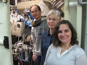 Photo - ALS scientists Nobomichi Tamura, left, and Camelia Stan, right, work with Marie Jackson, center, a University of Utah professor, at X-ray Beamline 12.3.2. (Credit: Berkeley Lab)