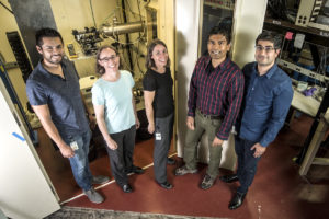 Photo - Participants in a protein-wiring study at Berkeley Lab included (from left to right): Jose Cornejo, Corie Ralston, Caroline Ajo-Franklin, Sayan Gupta, and Behzad Rad. Not pictured: Tatsuya Fukushima, Christopher Petzold, Leanne Chan, and Rena Mizrahi. (Credit: Paul Mueller)