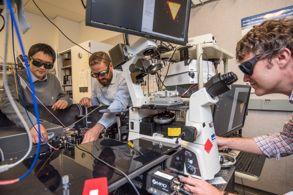 Image - From left: Kaiyuan Yao, Nick Borys, and P. James Schuck, seen here at Berkeley Lab’s Molecular Foundry, measured a property in a 2-D material that will could help realize new applications.