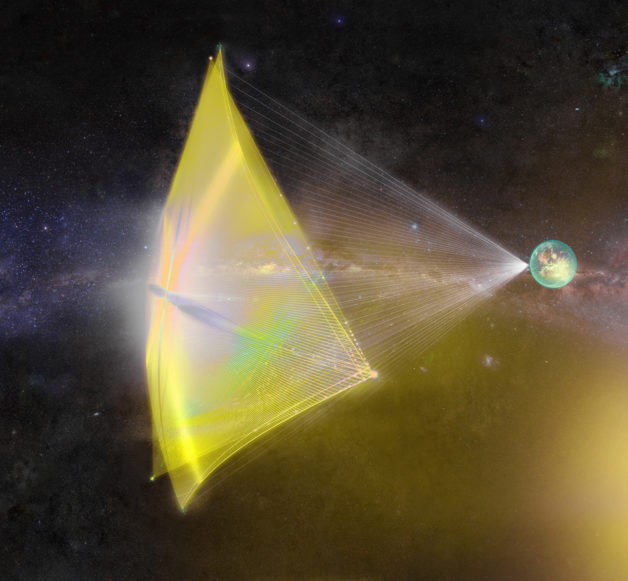 Image - Illustration of a light-driven solar sail (left), with Earth pictured at right. (Credit: Breakthrough Starshot/breakthroughinitiatives.org)