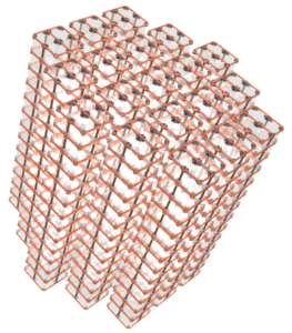 Image - The CUORE detector array, shown here in this rendering, is formed by 19 copper-framed "towers" that each house a matrix of 52 cube-shaped crystals. (Credit: CUORE Collaboration)
