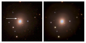 Image - The arrow in the left image points to light associated with matter expelled from a neutron star merger, as recorded by the Dark Energy Camera. (Credit: DECam/DES Collaboration)