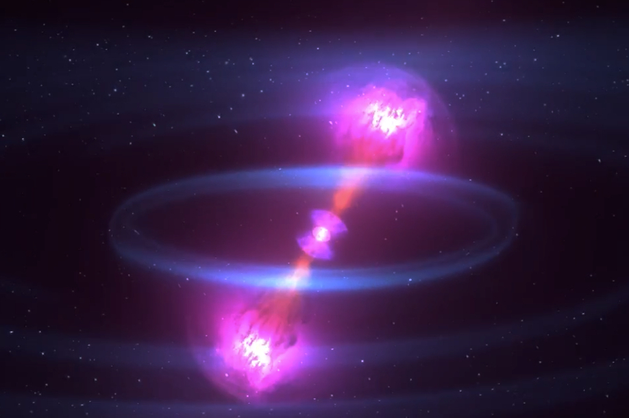 Click this image for an animation showing a simulated merger of a pair of neutron stars. (Credit: Caltech)