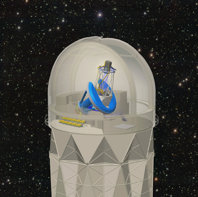 Image - The Dark Energy Spectroscopic Instrument (DESI), shown in this illustration, will be mounted on the 4-meter Mayall telescope at Kitt Peak National Observatory near Tucson, Ariz. It will collect data on light from 35 million galaxies and quasars to make the biggest 3-D map of the universe ever. (Credit: R. Lafever, J. Moustakas/DESI Collaboration)