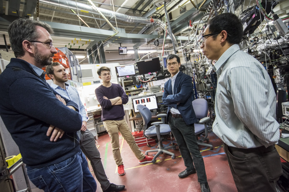 Photo - From left to right: David Prendergast, Will Gent, Yufeng Liang, Will Chueh, and Wanli Yang, who participated in the battery electrode study, meet at Berkeley Lab’s Advanced Light Source. (Credit: Marilyn Chung/Berkeley Lab)
