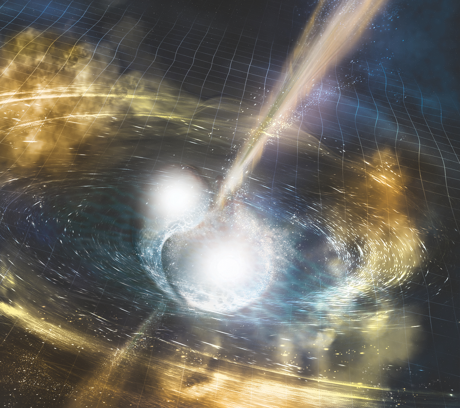 Image - Artist’s illustration of two merging neutron stars. The rippling space-time grid represents gravitational waves that travel out from the collision, while the narrow beams show the bursts of gamma rays that are shot out just seconds after the gravitational waves. Swirling clouds of material ejected from the merging stars are also depicted. The clouds glow with visible and other wavelengths of light. (Credit: NSF/LIGO/Sonoma State University/A. Simonnet)