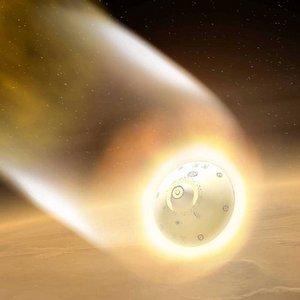 Illustration - A spacecraft’s heat shield glows during atmospheric entry. (Credit: NASA)