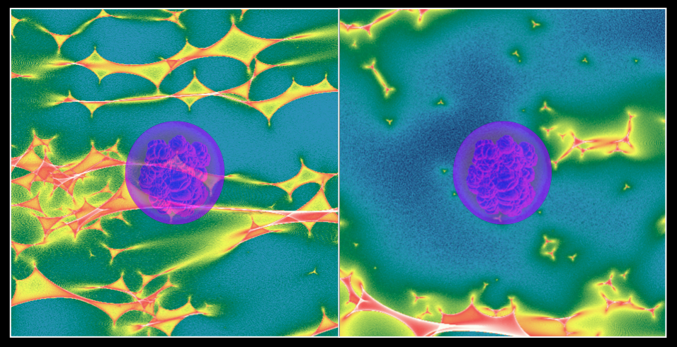 Image - This composite of two astrophysics simulations shows a Type Ia supernova (purple disc) expanding over different microlensing magnification patterns (colored fields). Because individual stars in the lensing galaxy can significantly change the brightness of a lensed event regions of the supernova can experience varying amounts of brightening and dimming, which scientists believed would be a problem for cosmologists measuring time delays. Using detailed computer simulations at NERSC, astrophysicists showed that this would have a small effect on time-delay cosmology. (Credit: Danny Goldstein/UC Berkeley)