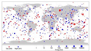 Map - This map displays satellite observations of brilliant meteors, called bolides, from 1994-2013. There were an average of 29 events per year sighted during this period. (Credit: NASA)