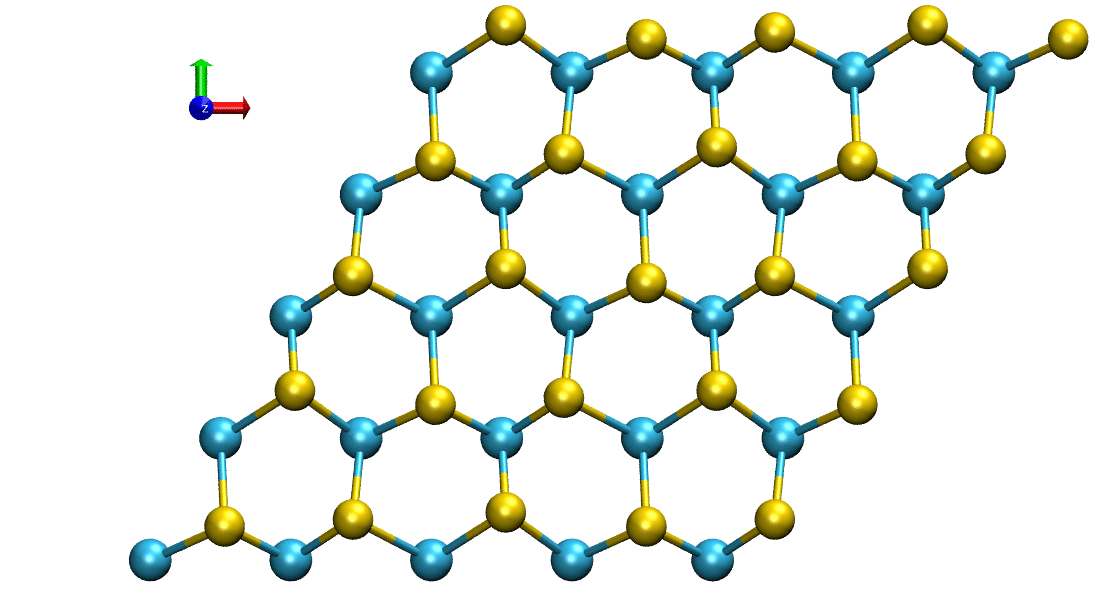 Animation - The atomic motion in a 2-D material, tungsten disulfide, is shown in this animation. In this phonon mode (known as longitudinal or LO), the selenium atoms (yellow) rotate clockwise while the tungsten atoms (blue) are still. (Credit: Hanyu Zhu, et al.)