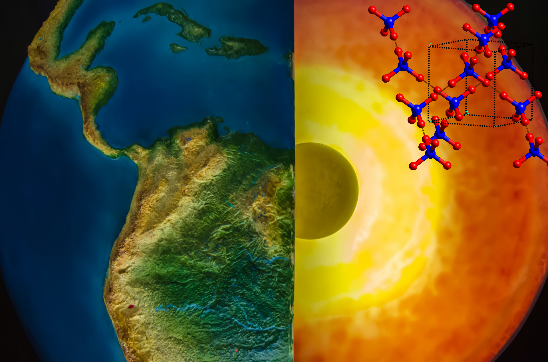 Image - The molecular structure of ice-VII (upper right) is shown with an artistic rendering of the Earth and a cutaway view of the inner Earth (right). (Credit: Wikimedia Commons)