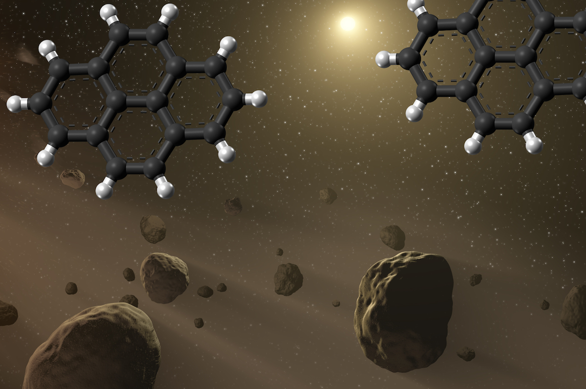 Image - The atomic structure of pyrene molecules (upper left and upper right) are represented in an artist's rendering of an asteroid belt. A new study shows chemical steps for how pyrene, a type of hydrocarbon found in some meteorite samples, could form in space. (Credit: NASA-JPL-Caltech, Wikimedia Commons)