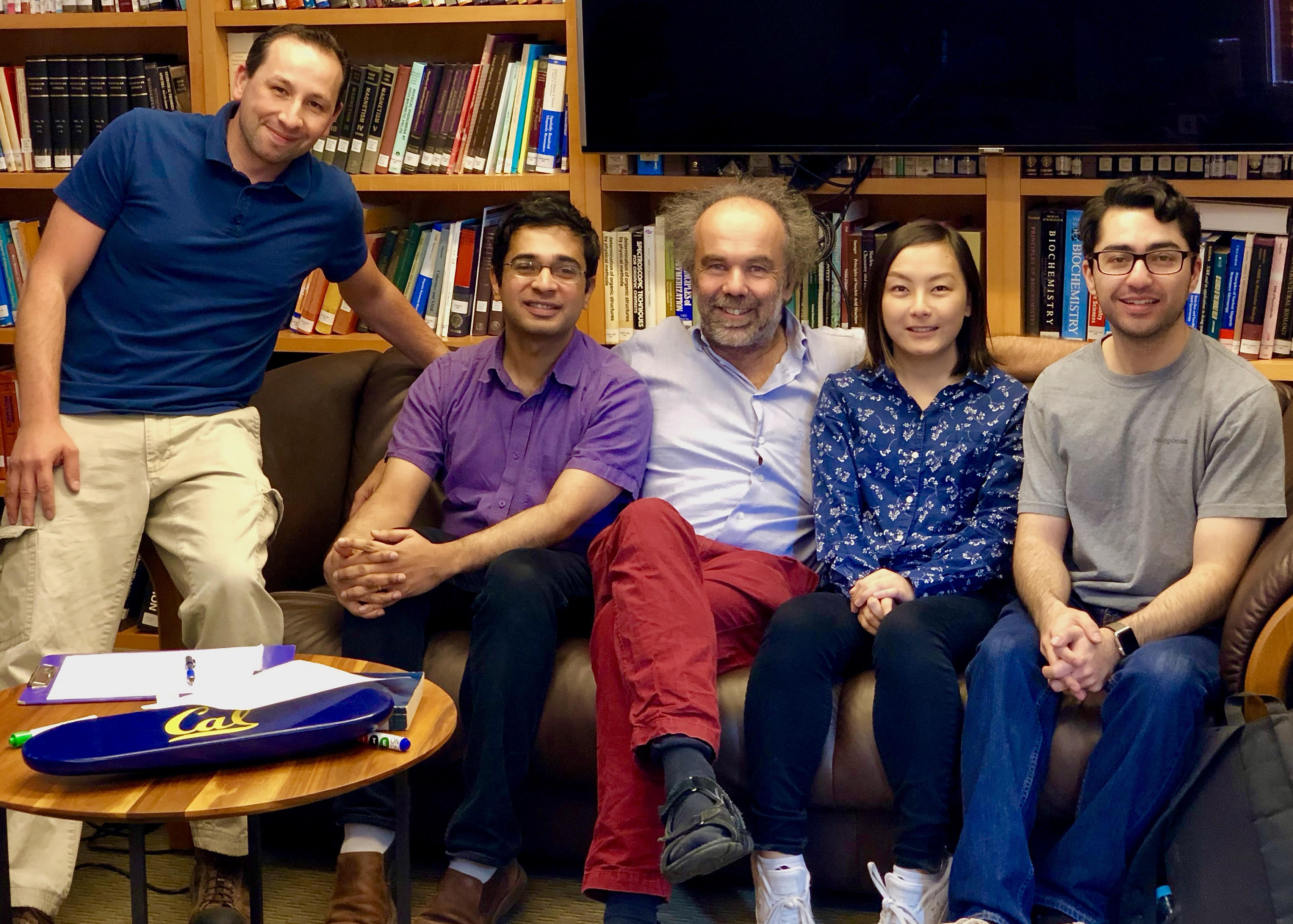 Photo - From left: Emanuel Druga, Ashok Ajoy, Dieter Suter, Kristina Liu, and Raffi Nazaryan were part of an international team led by Alex Pines that discovered how to exploit defects in powdered diamonds in a way that could strongly enhance the sensitivity of MRI and NMR machines. (Credit: Berkeley Lab, UC Berkeley)