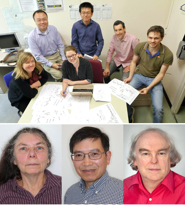 Photo - Members of the Berkeley Lab ATLAS group who worked on the analyses related to the observation of Higgs boson production in association with top quarks (top, from left to right): Heather Gray, Haichen Wang, Jennet Dickinson, Hongtao Yang, Fabio Cerutti, and Andrea Gabrielli. Also participating in Berkeley Lab’s analyses (bottom, from left to right): Marjorie Shapiro, Wei-Ming Yao, and Ian Hinchliffe. (Credit: Berkeley Lab)