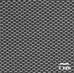 Image - A silicon sample is seen at nanoscale resolution in this first image produced by the ThemIS transmission electron microscope (scale bar is 1 nanometer). (Credit: Molecular Foundry/Berkeley Lab)