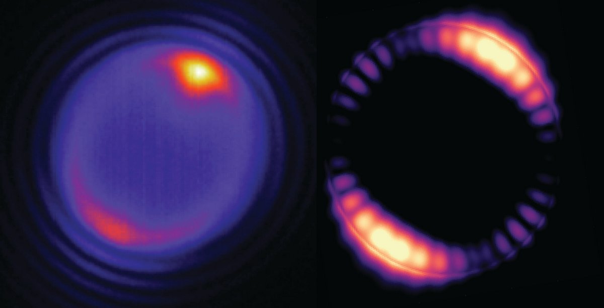 Image - These image shows how a tiny bead struck by a laser (at the yellowish spot shown at the top of the image on the left) produces optical modes that circulate around the interior of the bead (pinkish ring). At right, a simulation of how the field inside a 5-micron bead is distributed. (Credit: Angel Fernandez-Bravo/Berkeley Lab) 