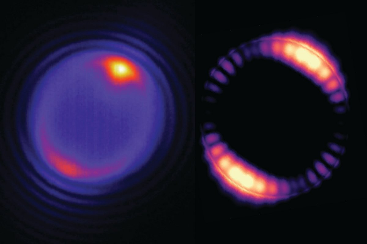 Image - At left, a tiny bead struck by a laser (at the yellowish spot shown at the top of the image) produces optical modes that circulate around the interior of the bead (pinkish ring). At right, a simulation of how the optical field inside a 5-micron (5 millionths of a meter) bead is distributed. (Credit: Angel Fernandez-Bravo/Berkeley Lab, Kaiyuan Yao)