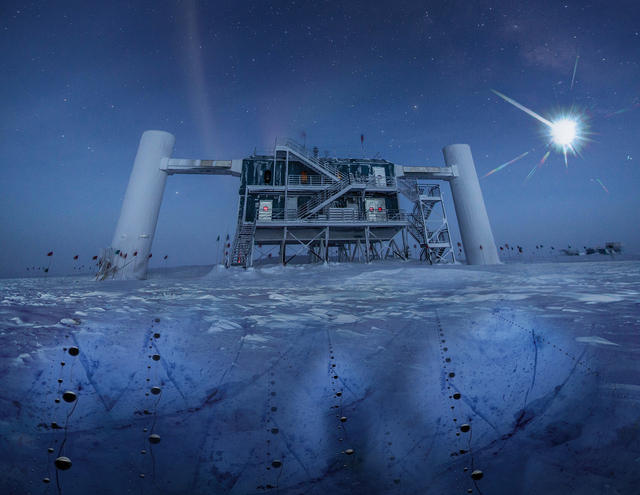 Image - In this artistic composition, based on a real image of the IceCube Lab at the South Pole, a distant source emits neutrinos that are detected below the ice by IceCube sensors, called digital optical modules (DOMs). (Credit: IceCube/NSF)