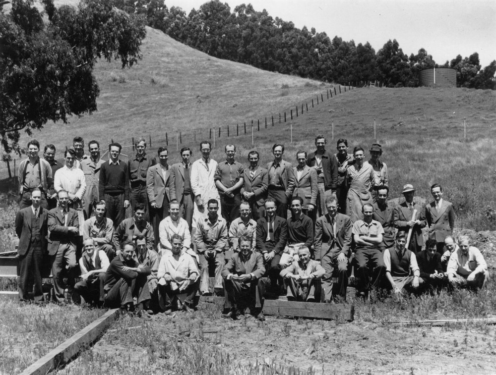 Photo - Group photo, taken in 1944, at the site of the Lab's 184-inch cyclotron, now home to the Advanced Light Source synchrotron. (Credit: Berkeley Lab)