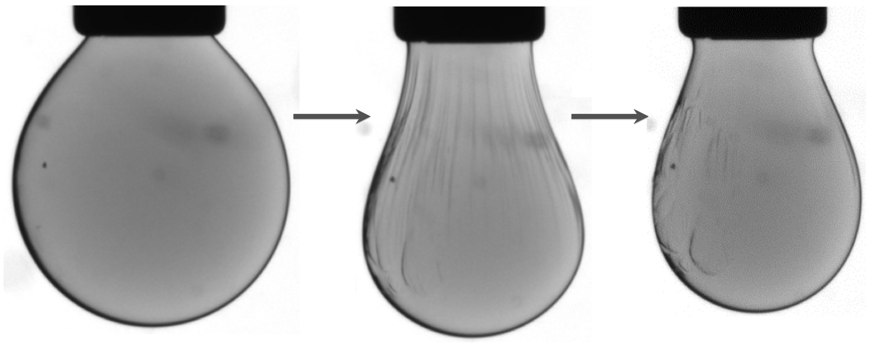 Image sequence - Nanocrystals within a liquid droplet that is injected into an oily solution (left) are chemically compressed into a solid-like “jammed” 2D state (middle) – which causes wrinkles to form on the surface of the droplet – and then revert to a relaxed, liquid-like state (right) in which the wrinkles smooth out. (Credit: Berkeley Lab)