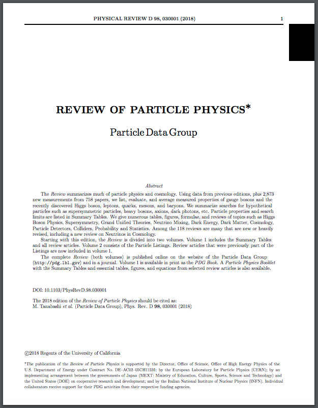 Image - A view of the first page in the 1,898-page 2018 edition of the Review of Particle Physics. 