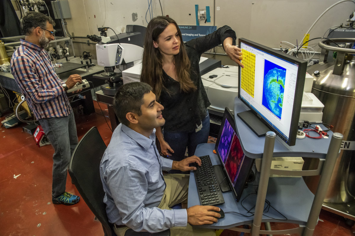 Photo - From left to right: Ariz Polyzos, Edward Barnard, and Lila Lovergne, pictured here at Berkeley Lab's Advanced Light Source, are part of a research team that is developing a cell-identification technique based on infrared imaging and machine learning.