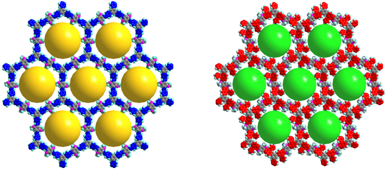 Image - At left is the simulated 3D molecular structure of a covalent organic framework, and at right is a modified framework. The yellow spheres in the structure on the left indicate a pore diameter of 2.9 nanometers, and the cyan spheres in the structure on the right indicate a pore diameter of 2.6 nanometers. (Credit: Berkeley Lab)