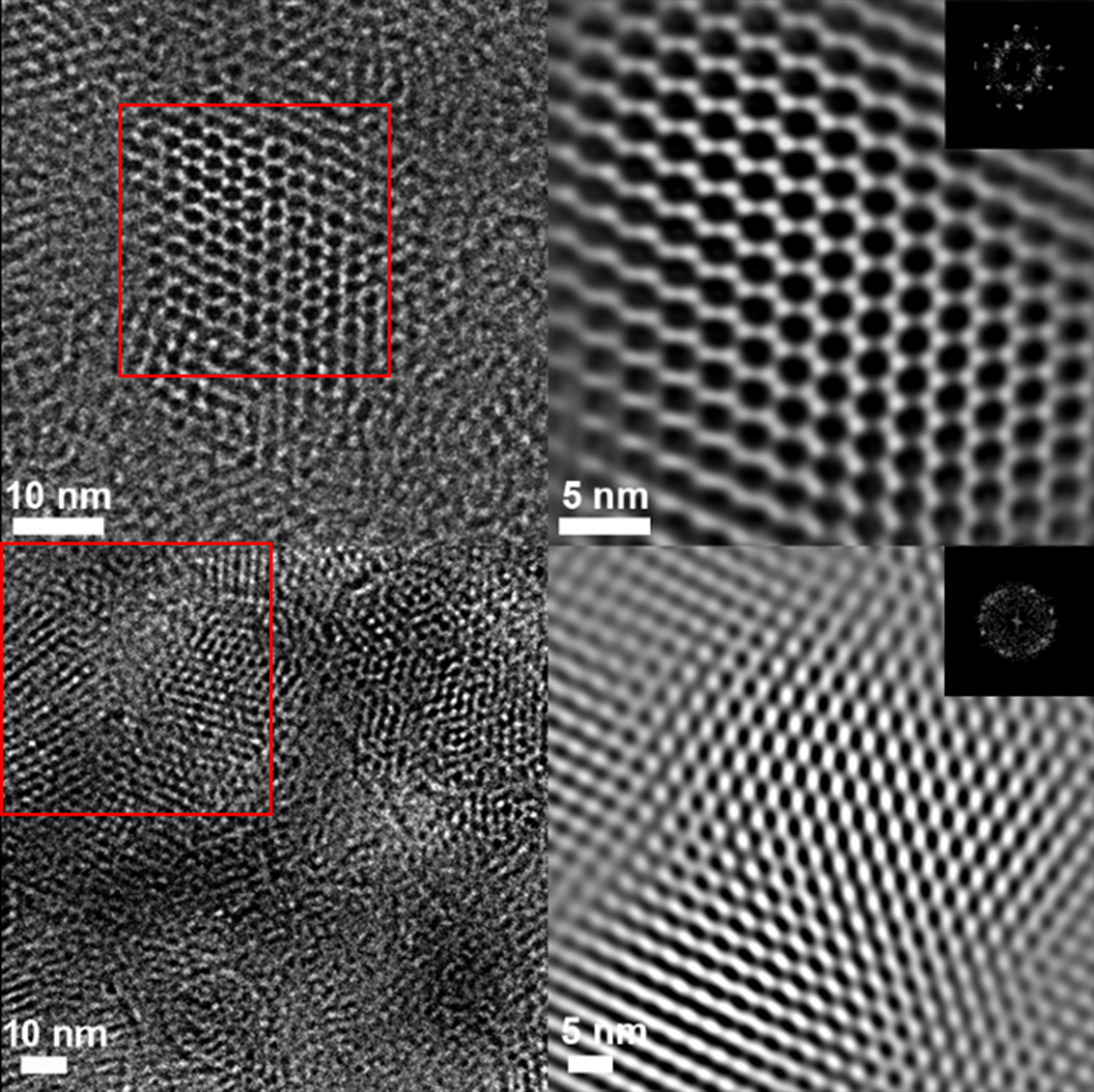 Images - These high-resolution transmission electron microscopy images, produced at Berkeley Lab's Molecular Foundry, show a structure formed by covalent organic frameworks (COFs) at different magnifications (top row), and a sheet of modified COFs (bottom row). (Credit: Berkeley Lab)