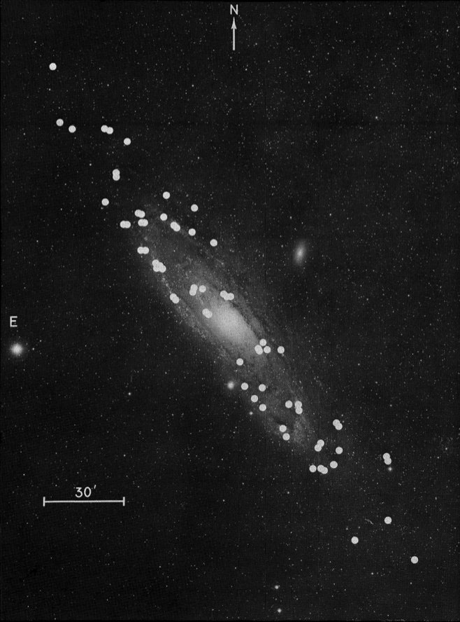 Image - This image of the Andromeda Galaxy, taken from a 1970 study by astronomers Vera Rubin and W. Kent Ford Jr., shows points (white dots) that were tracked at different distances from the galaxy center. The selected points unexpectedly were found to rotate at a similar rate, which provides evidence for the existence of dark matter. (Credit: Vera Rubin, W. Kent Ford Jr.)