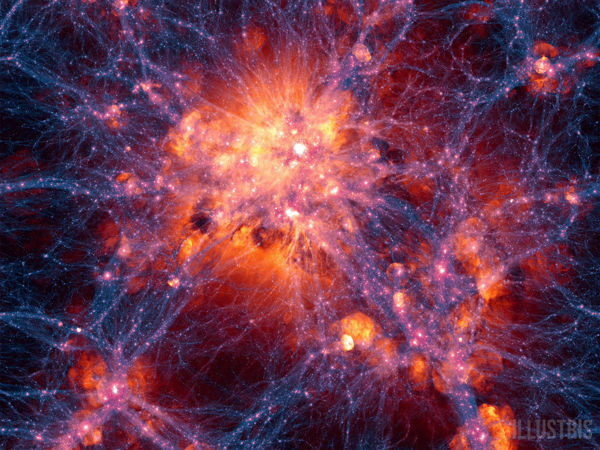 Image - A visualization of a massive galaxy cluster that shows dark matter density (purple filaments) overlaid with the gas velocity field. (Credit: Illustris Collaboration)