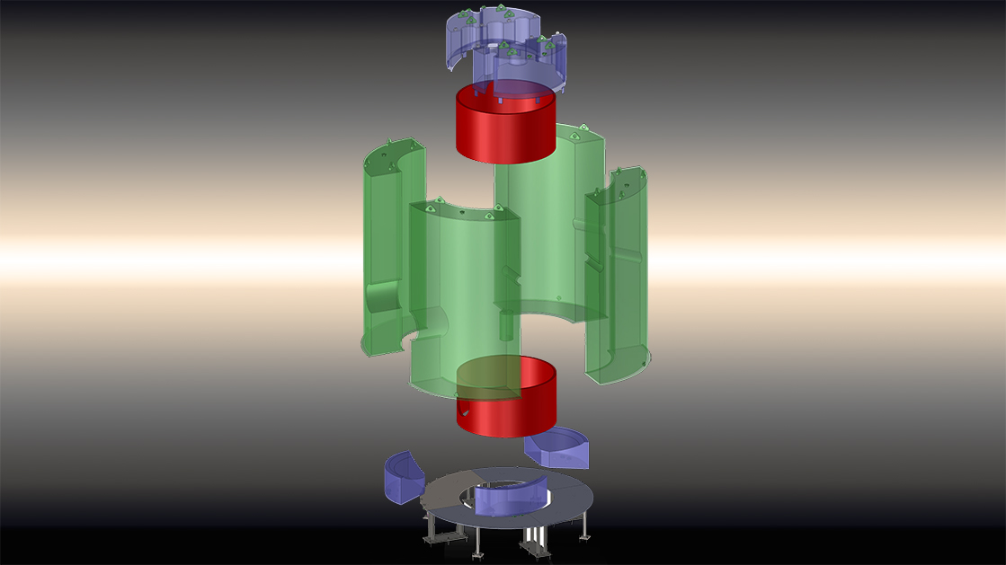 Image - A diagram showing the components of the acrylic tanks veto system for the LUX-ZEPLIN experiment. The green and blue objects represent the clear acrylic tanks. They will be fitted snugly together and held by a metal base. (Credit: LZ Collaboration)