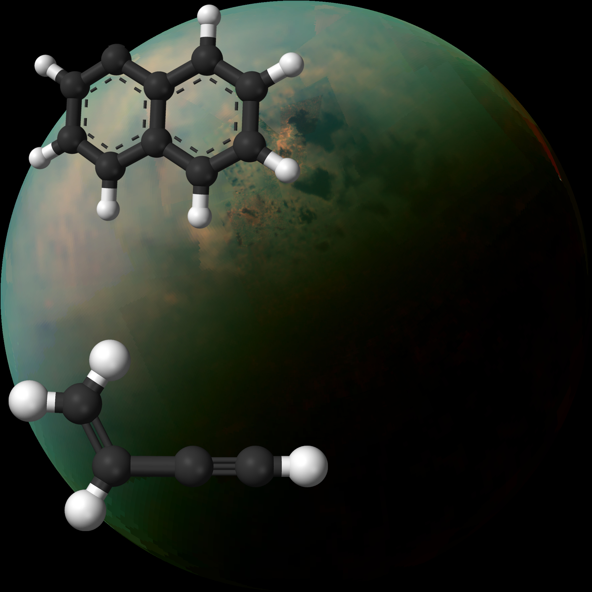 Image - Scientists have explored the chemistry at work when combining two gases: one composed of two-ring molecular structure known as a naphthyl radicals (upper left), and the other composed of a hydrocarbon called vinylacetylene (lower right). Behind these 3-D molecular representations is an image of Saturn's moon Titan, taken by NASA's Cassini spacecraft. (Credits: Wikimedia Commons, NASA, Jet Propulsion Laboratory, Caltech, Space Science Institute, John Hopkins University Applied Physics Laboratory, University of Arizona)