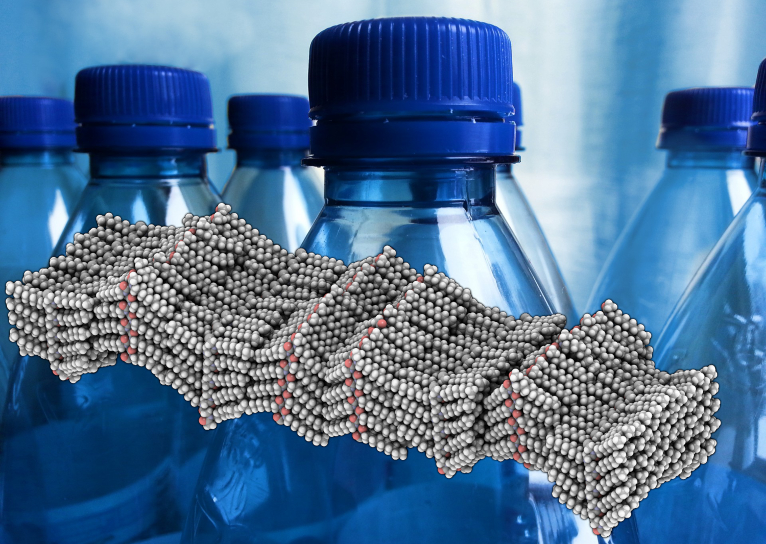 Image - Rendering of the molecular structure of a peptoid polymer that was studied by a team led by Berkeley Lab and UC Berkeley. The team's success in imaging the atomic-scale structure of polymers could help inform the designs of plastics, like those in the water bottles shown here. (Credit: Berkeley Lab, Charles Rondeau/PublicDomainPictures.net)