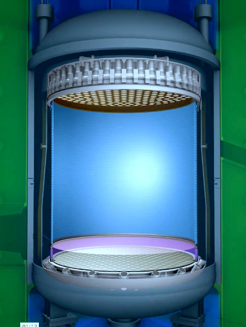 Image - This rendering shows a cutaway view of the LZ xenon tank (center), with PMT arrays at the top and bottom of the tank. (Credit: Greg Stewart/SLAC National Accelerator Laboratory)