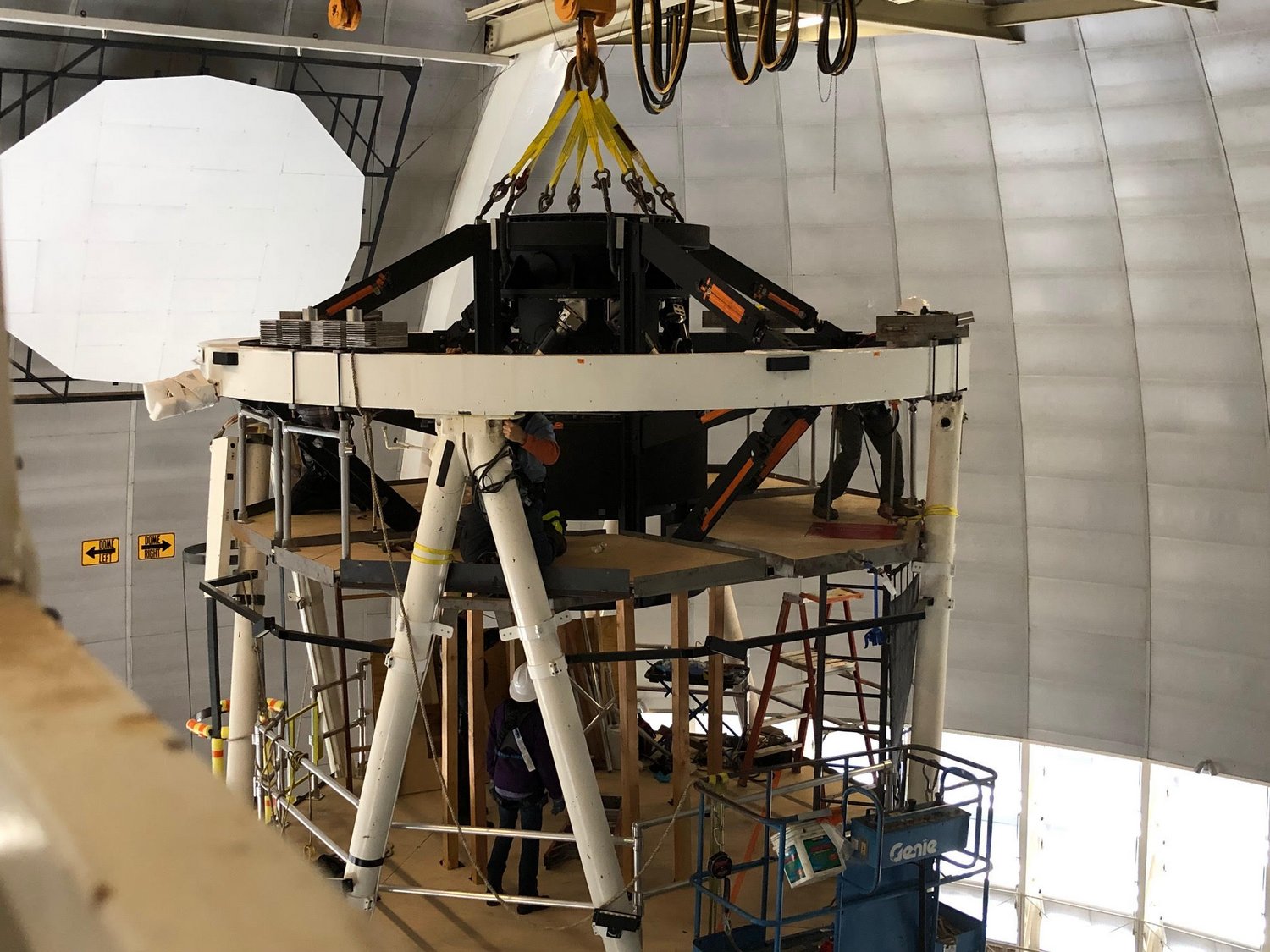 Photo - The corrector is lowered onto its telescope mount. (Credit: Robert Besuner/Berkeley Lab, DESI Collaboration)