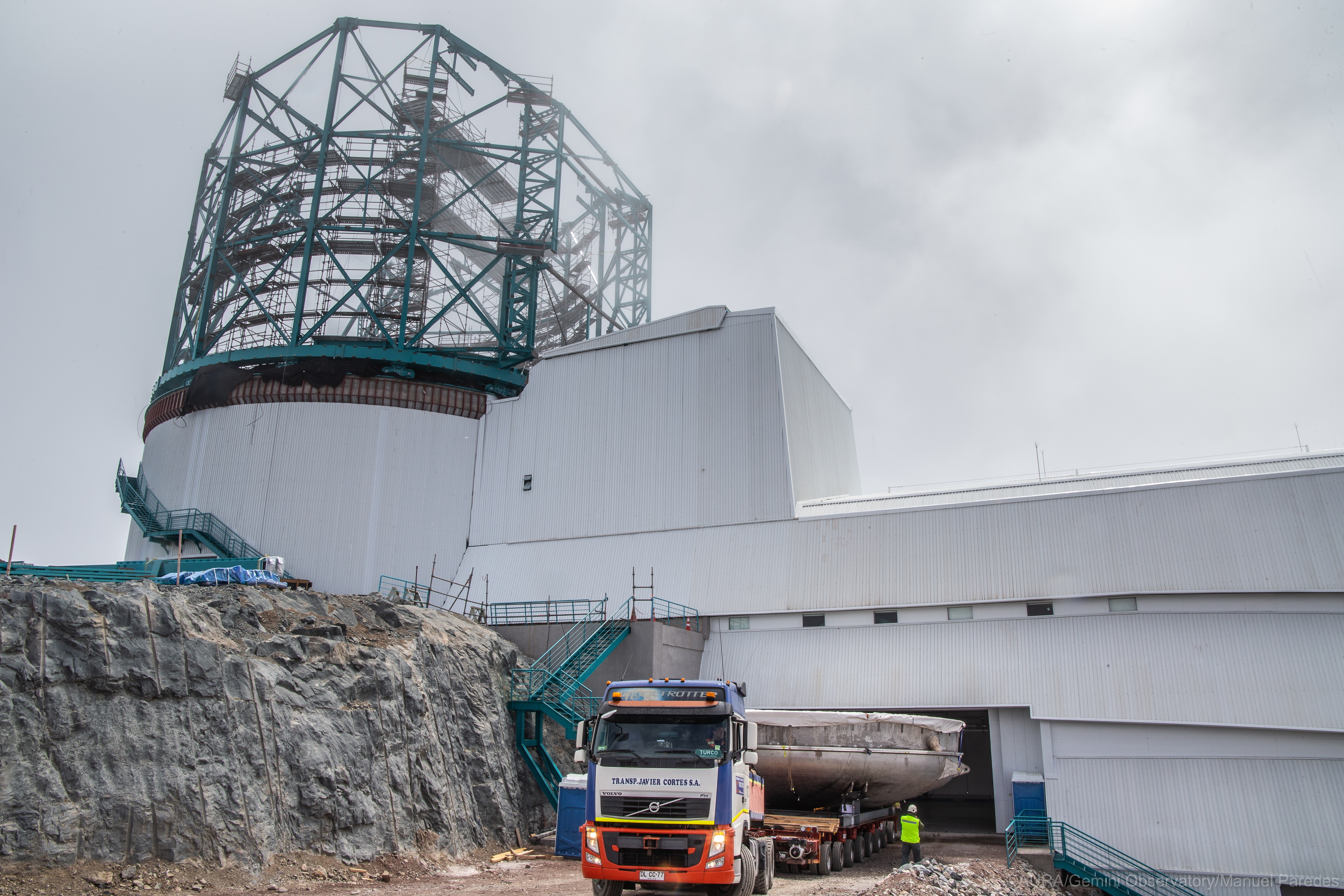 Photo - A truck delivers the 128-ton coating chamber for the LSST to the summit of Cerro Pachón in Chile, safely completing a 15-week journey from Deggendorf, Germany. (Credit: CreditLSST Project/NSF/AURA)