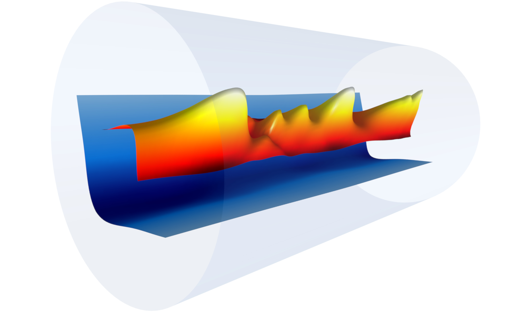 Image - A snapshot of a plasma channel’s electron density profile (blue) formed inside a sapphire tube (gray) with the combination of an electrical discharge and an 8-nanosecond laser pulse (red, orange, yellow). This plasma channel was used to guide femtoseconds-long “driver” laser pulses from the BELLA petawatt laser system, which generated plasma waves and accelerated electrons to 8 billion electron volts in just 20 centimeters. (Credit: Gennadiy Bagdasarov/Keldysh Institute of Applied Mathematics; Anthony Gonsalves and Jean-Luc Vay/Berkeley Lab)