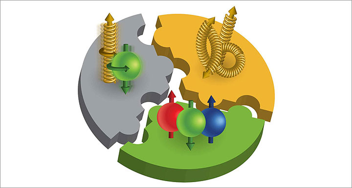 Image - The proton spin puzzle: Scientists want to know how different constituents of the proton contribute to its spin, a fundamental property that plays a role in how these building blocks give rise to nearly all visible matter in the universe. Pieces of the puzzle include the orbital angular momentum of quarks and gluons (top left), gluon spin (top right) and quark and antiquark spin (bottom). The latest data from RHIC reveal that the antiquarks' contribution is more complex than previously thought. (Credit: Brookhaven National Laboratory)