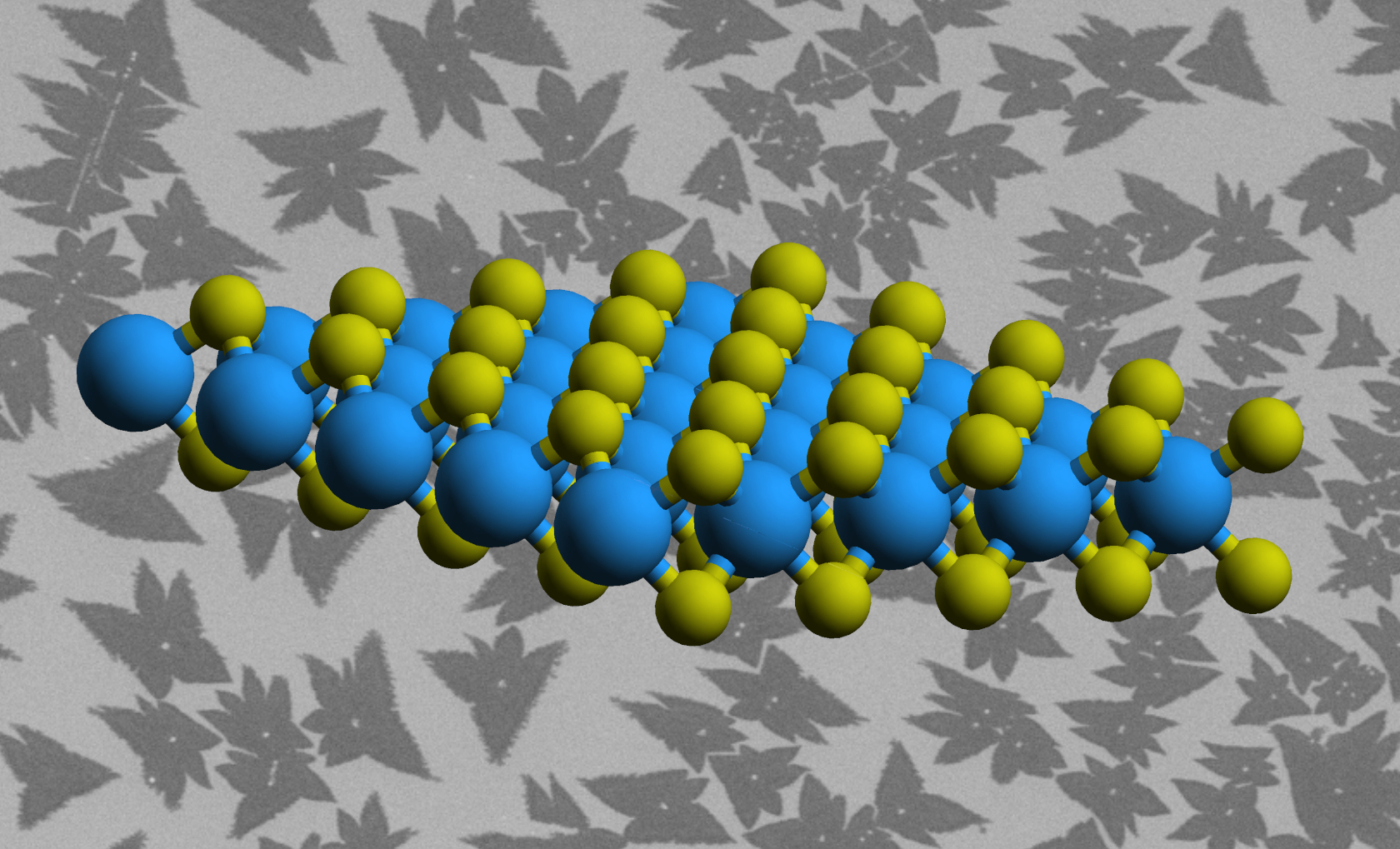 Image - This image shows an illustration of the atomic structure of a 2D material called tungsten disulfide. Tungsten atoms are shown in blue and sulfur atoms are shown in yellow. The background image, taken by an electron microscope at Berkeley Lab's Molecular Foundry, shows groupings of flakes of the material (dark gray) grown by a process called chemical vapor deposition on a titanium dioxide layer (light gray). (Credit: Katherine Cochrane/Berkeley Lab)